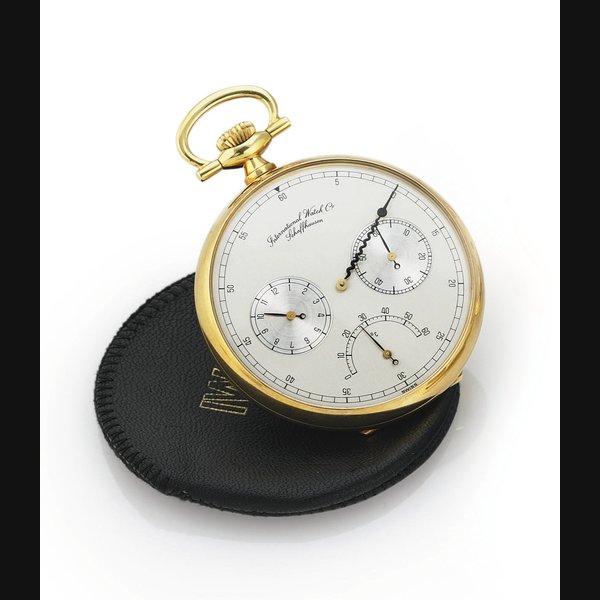 IWC. A FINE AND UNUSUAL 18K GOLD OPENFACE KEYLESS LEVER POCKET WATCH WITH REGULATOR-STYLE DIAL SIGNED INTERNATIONAL WATCH CO., SCHAFFHAUSEN, MOVEMENT NUMBER 2366804, CASE NO. 2267386, REF. NO. 5425, CIRCA 1980