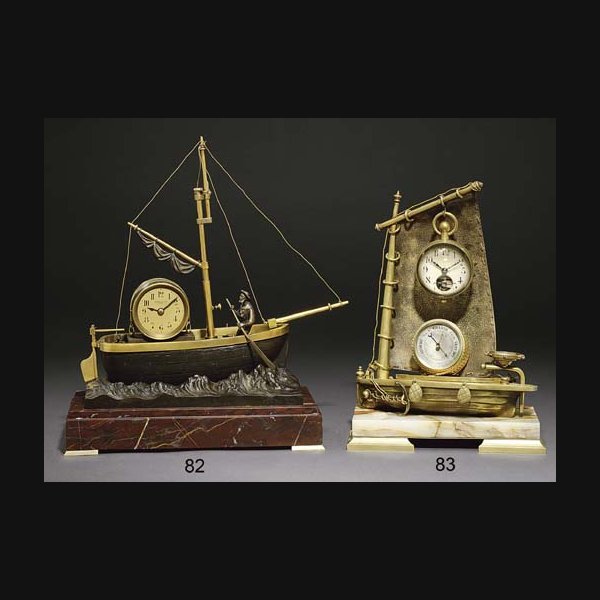 Oarsman A French gilt and patinated bronze and rouge griotte marble eight day novelty timepiece with rocking mariner GUILMET, PARIS, RETAILED BY DIBDIN & CO., LONDON. CIRCA 1890