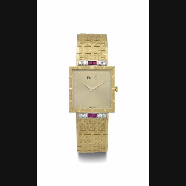 Piaget. A Fine 18k Gold, Diamond and Ruby-Set Square Wristwatch with Bracelet SIGNED PIAGET, MOVEMENT NO. 611'557, REF. NO. 927 A 3, CASE NO. 75178, MANUFACTURED IN 1961