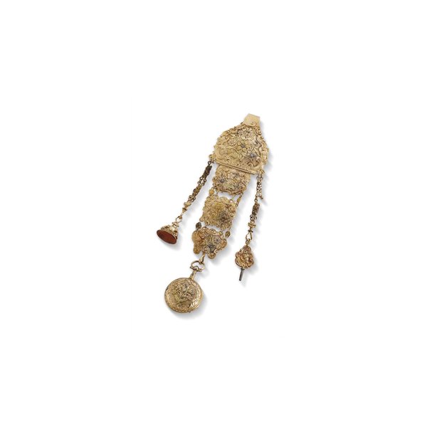 SWISS. AN 18K FOUR-COLOR GOLD OPENFACE QUARTER REPEATING VERGE WATCH WITH CORRESPONDING CHATELAINE UNSIGNED, CIRCA 1750