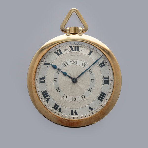 Cartier Cartier Open Faced Pocket Watch Guilloche 12/24 Hour Dial 18k YG