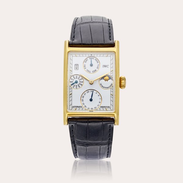 IWC Reference 3545 Novecento | A yellow gold rectangular automatic perpetual calendar wristwatch with moon phases, Circa 1990