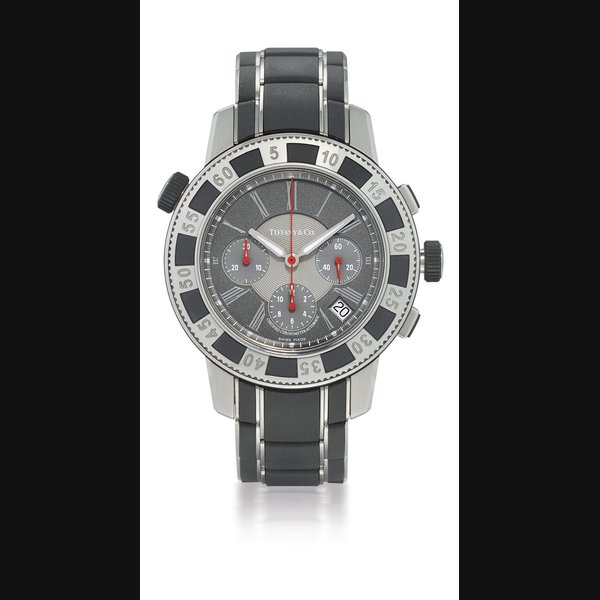 TIFFANY & CO. STAINLESS STEEL RUBBER AUTOMATIC CHRONOGRAPH WRISTWATCH WITH DATE AND BRACELET NO. 020241959, CIRCA 2006