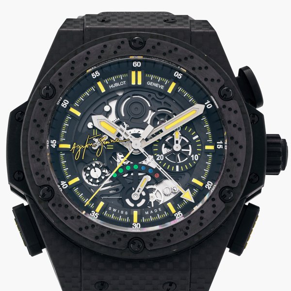 Hublot Reference 719.QX.1729.NR.AES10 Big Bang ‘King Power Ayrton Senna’ | A limited edition carbon fibre and black ceramic semi-skeletonised split seconds chronograph wristwatch with power reserve indication, Circa 2010
