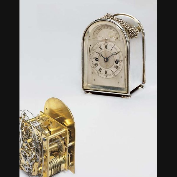 A Victorian silver hump-back quarter-striking carriage clock with moonphase, sweep seconds and pull quarter repeat HALEY, LONDON, THE CASE BY CHARLES JAMES FOX, LONDON, 1884