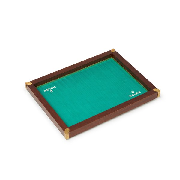 Rolex A wooden presentation tray with brass corners and silk inner padding   Circa 1960