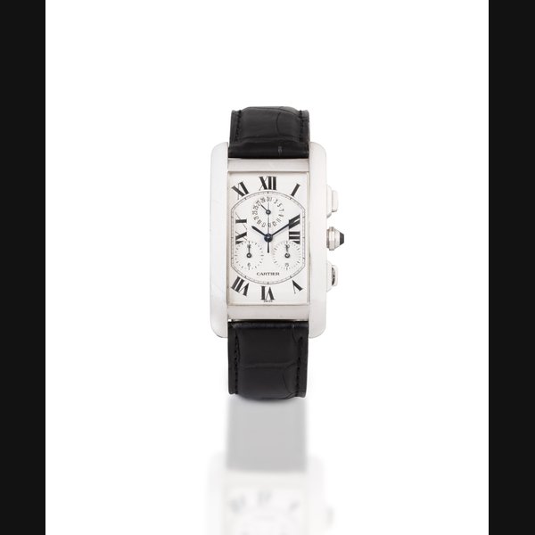Cartier Tank Americain, Ref. 2312    Chronographe bracelet en or gris avec date |  White gold chronograph wristwatch with date    Vers 2000 |  Circa 2000