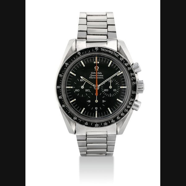 Omega OMEGA. A RARE STAINLESS STEEL CHRONOGRAPH WRISTWATCH WITH BRACELET SIGNED OMEGA, SPEEDMASTER PROFESSIONAL RED ARROW MODEL, REF. 145012 - 68 ST, CIRCA 1968