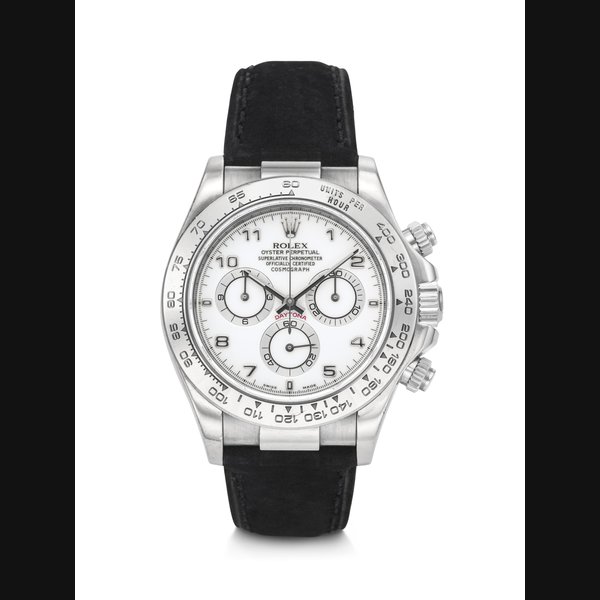 ROLEX. A COVETED AND SPORTY 18K WHITE GOLD AUTOMATIC CHRONOGRAPH WRISTWATCH WITH WHITE ARABIC NUMERAL DIAL DAYTONA MODEL, REF. 116519 , CASE NO. P184963 , CIRCA 2000