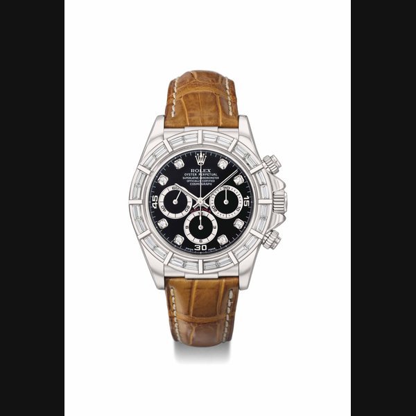Rolex Rolex. A very rare and attractive 18K white gold and diamond-set automatic chronograph wristwatch SIGNED ROLEX, OYSTER PERPETUAL, SUPERLATIVE CHRONOMETER OFFICIALLY CERTIFIED, COSMOGRAPH, DAYTONA, REF. 16589, CASE NO. U355767, MANUFACTURED IN 1997