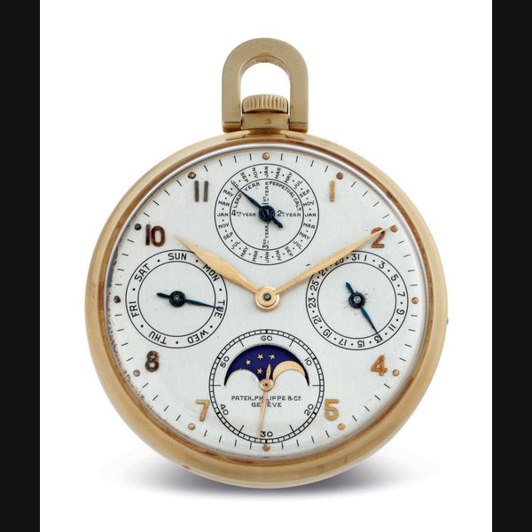 PATEK PHILIPPE. A FINE 18K GOLD PERPETUAL CALENDAR OPENFACE KEYLESS LEVER DRESS WATCH WITH MOON PHASES SIGNED PATEK PHILIPPE & CO., GENEVE, MOVEMENT NO. 930537, CASE NO. 642359, REF. 725, MANUFACTURED IN 1947