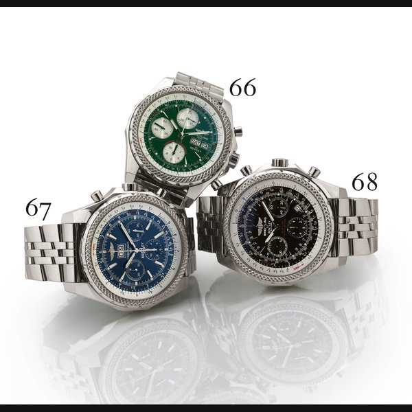 BREITLING. A RARE OVERSIZED STAINLESS STEEL OCTAGONAL AUTOMATIC CHRONOGRAPH WRISTWATCH WITH DATE, SLIDE RULE AND BRACELET SIGNED BREITLING 1884, "BENTLEY 6.75". CASE NO. 729813, REF. A44362, CIRCA 2005