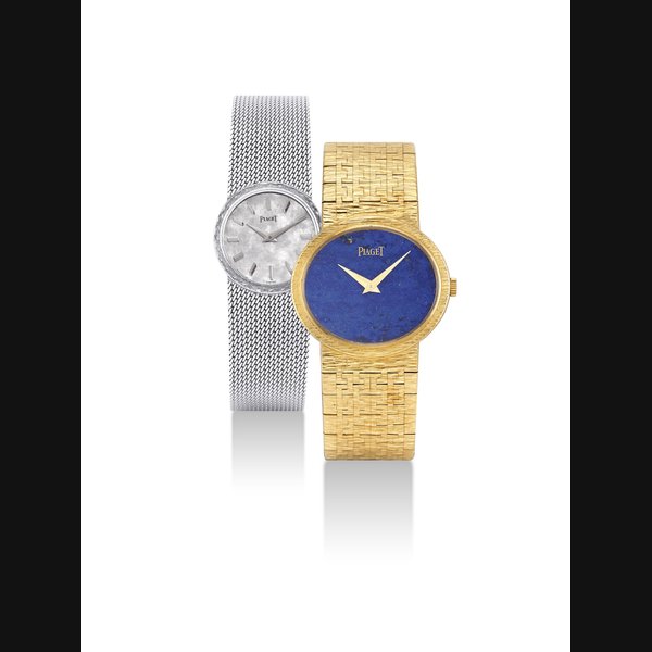 PIAGET. AN 18K WHITE GOLD BRACELET WATCH AND AN 18K GOLD OVAL BRACELET WATCH WITH LAPIS LAZULI DIAL SIGNED PIAGET, REF. 924 B11 AND 9801 A6, MOVEMENT NO. 6'906'058 AND 752'566, CASE NO. 178'366 AND 257'567, CIRCA 1975