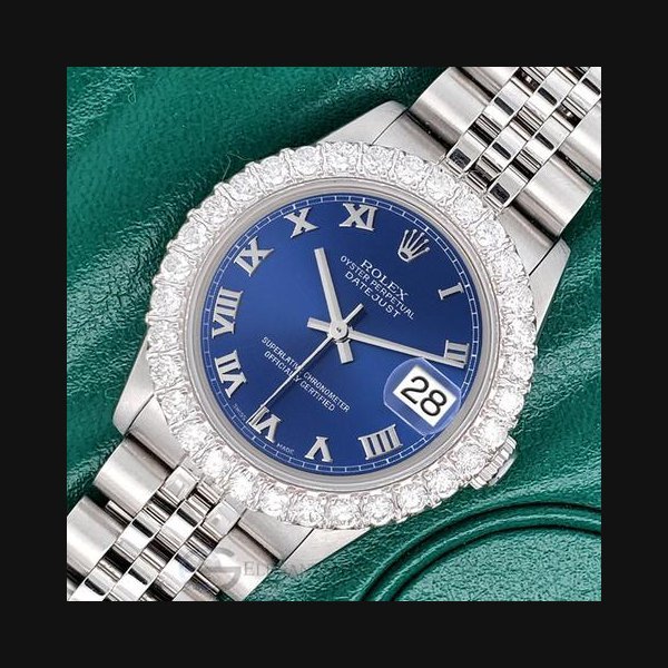 Rolex Rolex DatejustMidsize 31mm Blue Roman Dial 2.25ct Diamond Bezel Jubilee Watch
