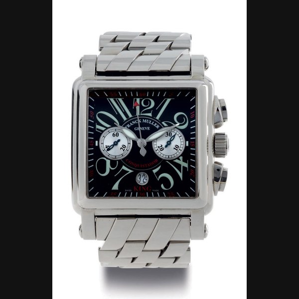 FRANCK MULLER. AN OVERSIZED STAINLESS STEEL AUTOMATIC CHRONOGRAPH WRISTWATCH WITH DATE AND BRACELET SIGNED FRANCK MULLER, CONQUISTADOR, KING, CORTEZ, NO. 61, REF. 10000 K CC, CIRCA 2008
