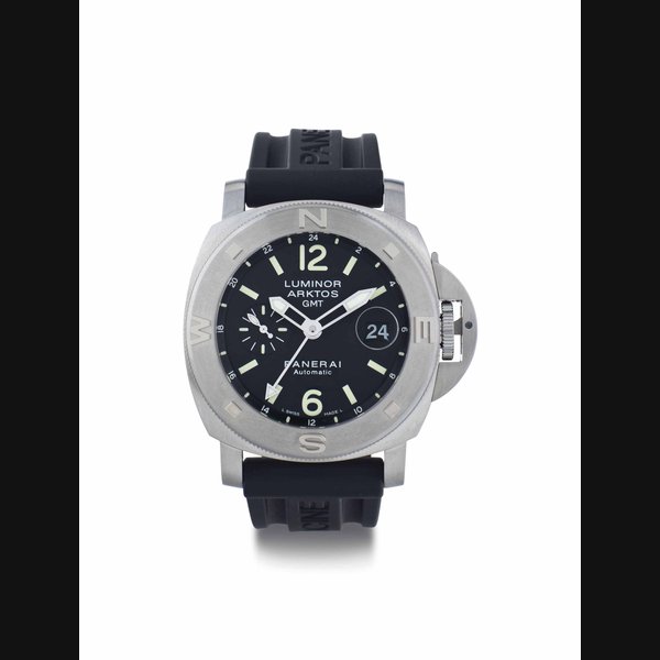 Panerai. A Limited Edition Stainless Steel Cushion-Shaped Automatic Diver's Wristwatch with Dual Time Zone and Date SIGNED OFFICINE PANERAI, LUMINOR ARKTOS GMT, NO. H128/500, REF. OP 6606, CASE NO. BB 1136427, PAM00186, CIRCA 2004