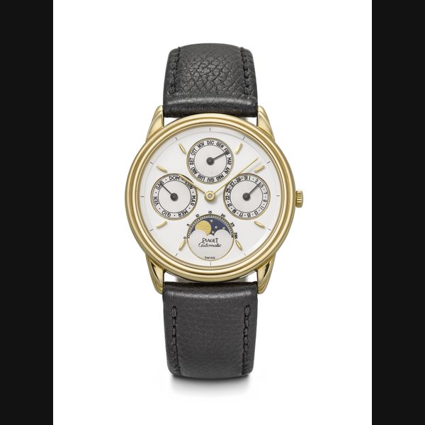PIAGET. AN ELEGANT 18K GOLD AUTOMATIC TRIPLE CALENDAR WRISTWATCH WITH MOON PHASES GOUVERNEUR MODEL, REF. 15958, CASE NO. 492'699, MANUFACTURED IN 1988