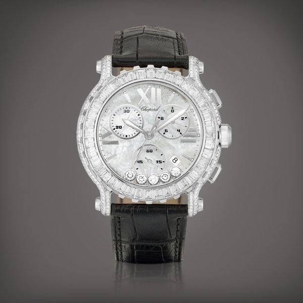 Piaget Happy Sport, Reference 1269 | A white gold and diamond-set chronograph wristwatch with date and mother-of-pearl dial, Circa 2010 | 蕭邦 | Happy Sport 型號1269 | 白金鑲鑽石計時腕錶，備日期顯示及珠母貝錶盤，約2010年製 · 1269