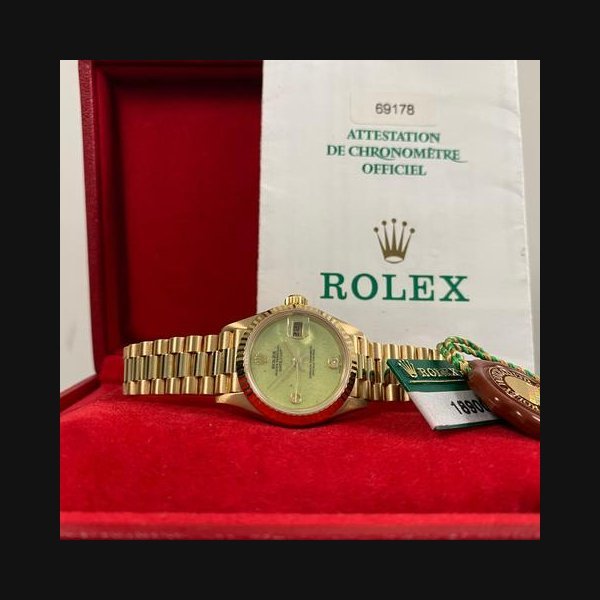 Rolex Rolex Lady-DatejustEXCELLENT Condition 1999 Lady-Datejust President Yellow Gold Factory Kiwi Stone Dial 69178 FULL SET