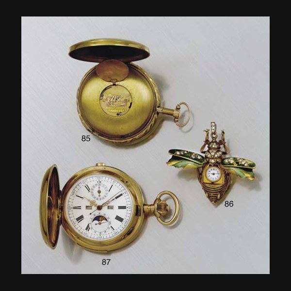 SWISS. A 14K GOLD HUNTER CASE TRIPLE CALENDAR MINUTE REPEATING KEYLESS LEVER CHRONOGRAPH POCKET WATCH WITH MOON PHASES UNSIGNED, NO. 230610, CIRCA 1900