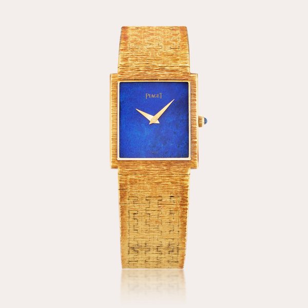 Piaget Reference 9286 A6 | A yellow gold rectangular shaped bracelet watch with lapis lazuli dial, Circa 1970