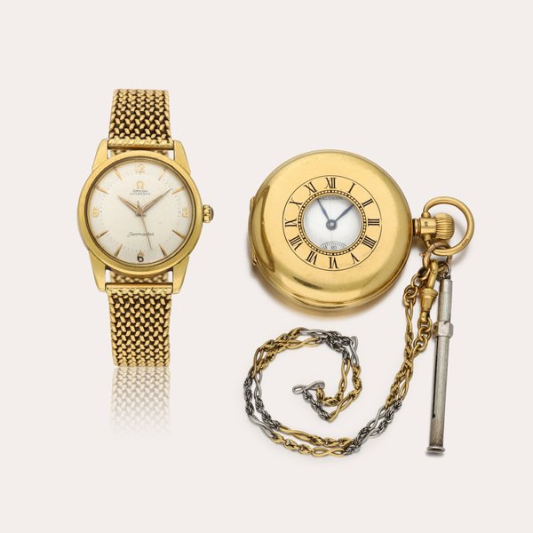 Omega | Waltham A yellow gold wristwatch with bracelet , Circa 1957 | A yellow gold keyless half hunter watch , Circa 1922