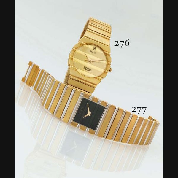 PIAGET. AN 18K TWO-COLOR GOLD SQUARE BRACELET WATCH SIGNED PIAGET, "POLO", NO. 453786, CIRCA 1985