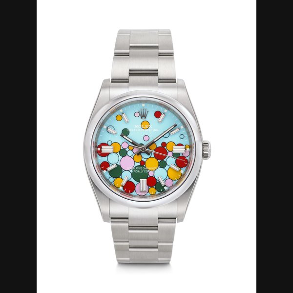 ROLEX. AN 'UNWORN', STICKERED, AND VIBRANT STAINLESS STEEL AUTOMATIC WRISTWATCH WITH 'CELEBRATION' DIAL AND BRACELET OYSTER PERPETUAL 'CELEBRATION' MODEL, REF. 126000, CASE NO. 645GG629, CIRCA 2023