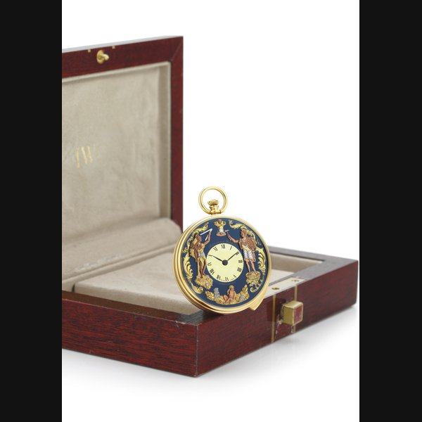 IWC. A FINE 18K GOLD OPENFACE FIVE MINUTE REPEATING KEYLESS LEVER AUTOMATON POCKET WATCH SIGNED INTERNATIONAL WATCH CO., SCHAFFHAUSEN, MOVEMENT NO. 2302537, CASE NO. 2260536, CIRCA 1980