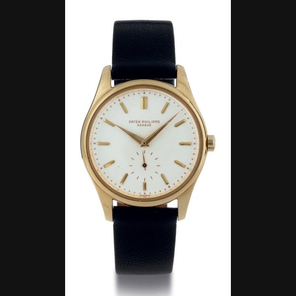PATEK PHILIPPE. A RARE 18K GOLD AUTOMATIC WRISTWATCH WITH ENAMEL DIAL SIGNED PATEK PHILIPPE, GENEVE, MOVEMENT NO. 1110596, CASE NO. 2614474, REF. 3428, CIRCA 1960