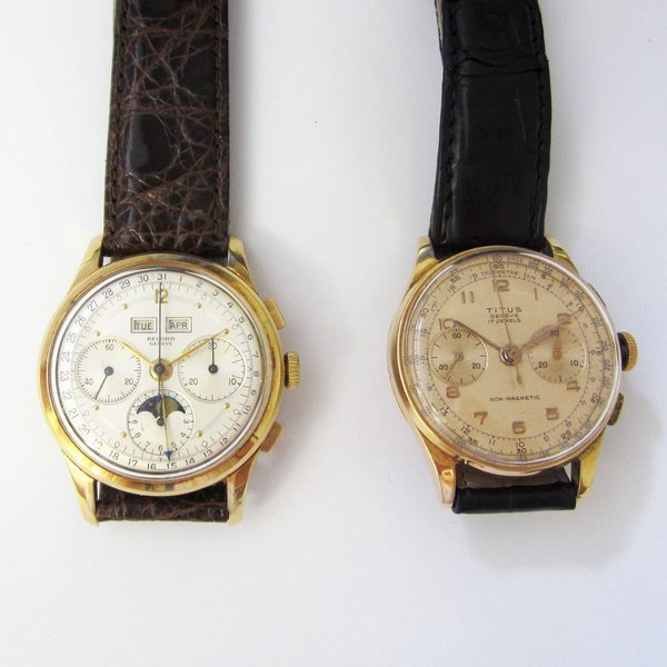 A lot of two 18K gold manual wind chronograph wristwatches (AF)