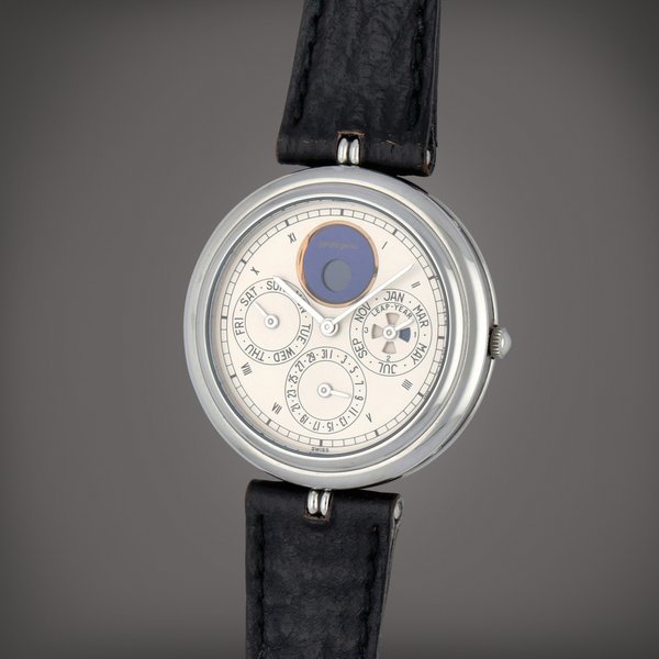 Gérald Genta A stainless steel perpetual calendar wristwatch with lapis lazuli moon phases and leap year indication | Circa 1980