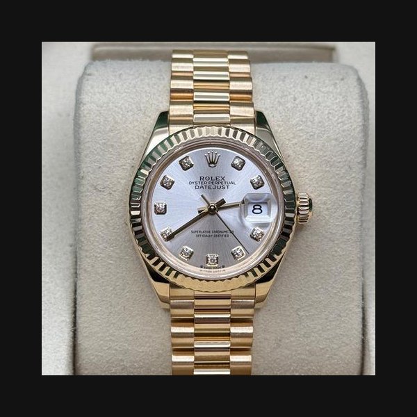 Rolex Rolex Lady-DatejustNEW 2026 Silver Diamond Dial 18K Yellow Gold Fluted Bezel President Bracelet