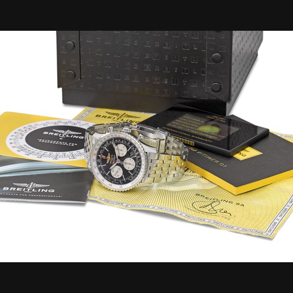 BREITLING. A STAINLESS STEEL AUTOMATIC CHRONOGRAPH WRISTWATCH WITH DATE, BRACELET, INTERNATIONAL WARRANTY AND BOX SIGNED BREITLING, 1884, CHRONOMETRE, NAVITIMER, REF. AB0120, CASE NO. 3’169’311, CIRCA 2017