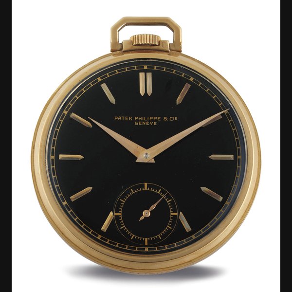 PATEK PHILIPPE. A FINE 18K GOLD OPENFACE KEYLESS LEVER DRESS WATCH WITH BLACK DIAL SIGNED PATEK PHILIPPE & CIE, GENEVE, MODERNE MODEL, MOVEMENT NO. 880667, CASE NO. 418285, REF. 600, MANUFACTURED IN 1939