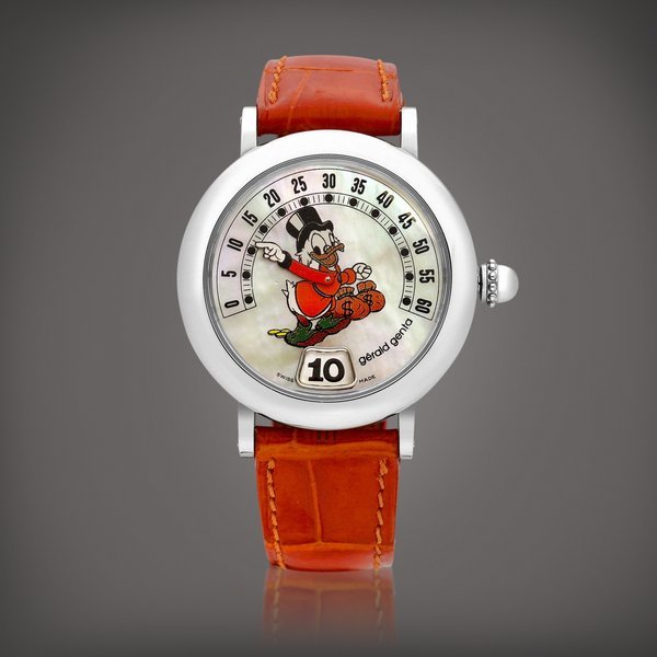 Gérald Genta Retro Fantasy "Scrooge McDuck", Reference G.3612 | A stainless steel jumping hours wristwatch with retrograde minutes and mother-of-pearl dial, Circa 1995 | Retro Fantasy "Scrooge McDuck" 型號G.3612 | 精鋼跳時腕錶，備逆跳分鐘及珠母貝錶盤，約1995年製 · G.3612