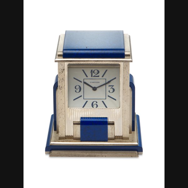 CARTIER, SILVER-PLATED, LEAD GLASS, AND "LAPIS LAZULI" 'MYSTERY' DESK CLOCK, REF. W0100018