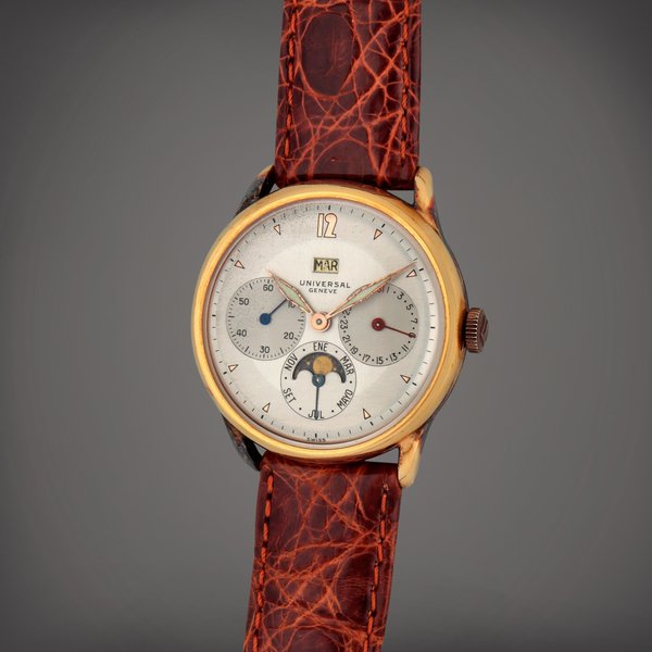 Universal Genève Reference 41301 | A gold-plated and stainless steel triple calendar Spanish calendar wristwatch with moon phases | Circa 1945