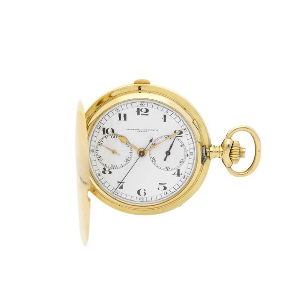 Vacheron Constantin A yellow gold mono pusher chronograph hunting case watch with enamel dial, Circa 1900 |  江詩丹頓 黃金單按鈕計時獵殼懷錶，備琺瑯錶盤，約1900年製
