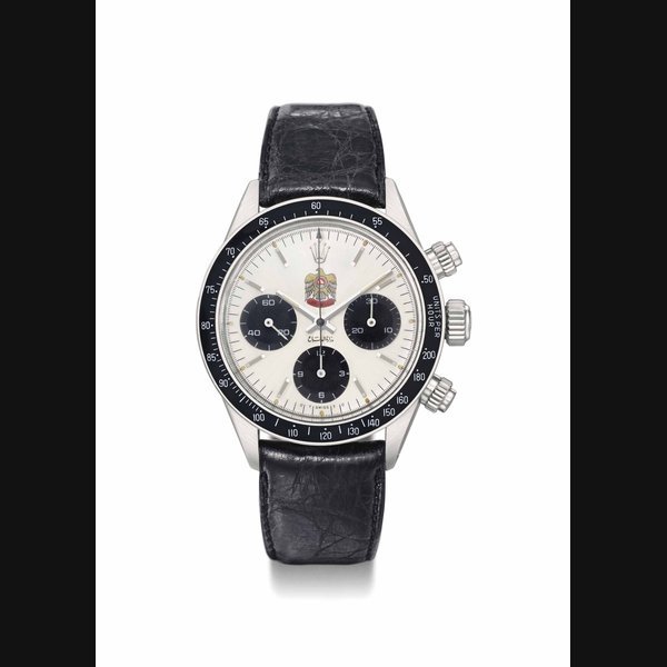 Rolex Rolex. A very rare and important stainless steel chronograph wristwatch with the "UAE Desert Eagle" coat of arms and the signatures of Mohammed bin Rashid Al Makhtoum and the Wazarah Ad Dif'a A department SIGNED ROLEX, REF. 6263, CASE NO. 4'128'004, MANUFACTURED IN 1976