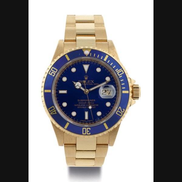 ROLEX. AN 18K GOLD AUTOMATIC WRISTWATCH WITH DATE AND BRACELET SIGNED ROLEX, OYSTER PERPETUAL, SUBMARINER, 1000FT=300M, CASE NO. D996327, REF. 16618, CIRCA 2005