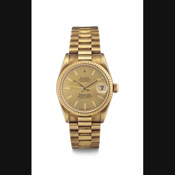 Rolex Rolex. An 18k Gold Automatic Wristwatch with Center Seconds, Date, and Bracelet SIGNED ROLEX, RETAILED BY TIFFANY & CO., OYSTER PERPETUAL, DATEJUST, REF. 68278, CASE NO. E117005, CIRCA 1995