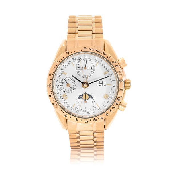 Omega Omega | Speedmaster, Reference 375.0044, A pink gold triple calendar chronograph wristwatch with moon phases, 24 hour indication and bracelet, Made in 1991 |  歐米茄 | 超霸系列 型號375.0044   粉紅金計時全日曆鏈帶腕錶，備月相及24小時顯示，1991年製 · 375.0044