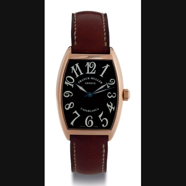 FRANCK MULLER. AN 18K PINK GOLD TONNEAU AUTOMATIC WRISTWATCH WITH CENTER SECONDS SIGNED FRANCK MULLER, GENEVE, CASABLANCA, NO. 01, CIRCA 1997