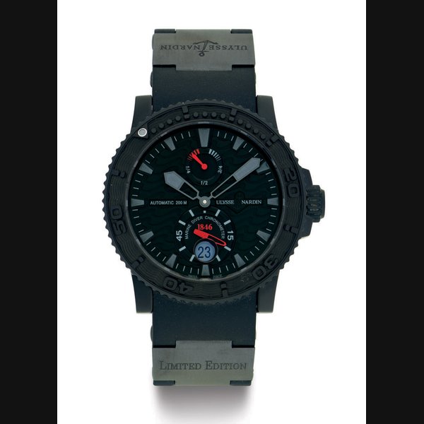 ULYSSE NARDIN. A LIMITED EDITION BLACK DLC-TREATED STAINLESS STEEL AUTOMATIC WRISTWATCH WITH POWER RESERVE AND DATE ULYSSE NARDIN, MARINE DIVER CHRONOMETER, BLACK OCEAN MODEL, 1846, NO. 152/1846, REF. 263-38, CIRCA 2007