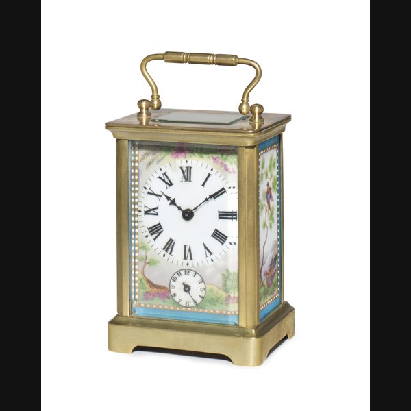 Anonymus. A Brass and Polychrome Enamel Cylinder Carriage Clock with Alarm UNSIGNED, NO. 1009, LATE 19TH CENTURY