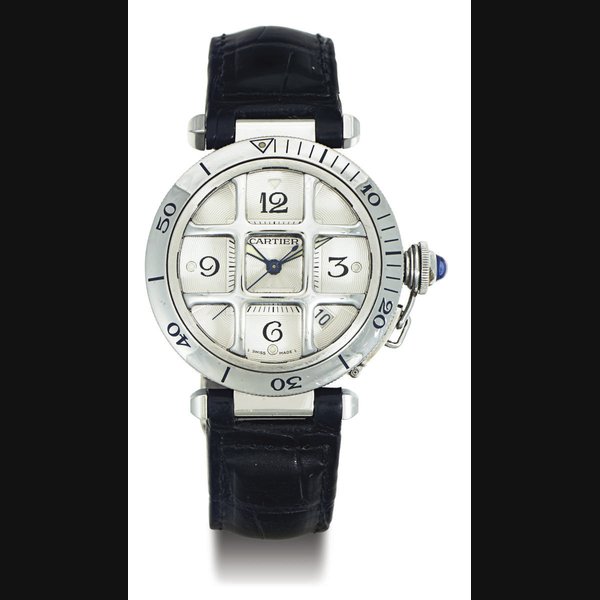 Cartier CARTIER. A STAINLESS STEEL AUTOMATIC WRISTWATCH WITH DATE AND CENTER SECONDS SIGNED CARTIER, PASHA , CASE NO. 859104CD, CIRCA 1995, Price & Market Data