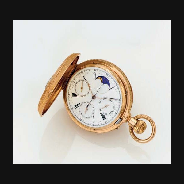 B. HAAS, JEUNES & CO. A HEAVY 18K THREE-COLOR GOLD HUNTER CASE TRIPLE CALENDAR KEYLESS LEVER POCKET WATCH WITH CENTER SECONDS, MOON PHASE AND CHASED CASE SIGNED B. HASS JNE & CIE., CASE NO. 15375, MADE FOR THE SOUTH AMERICAN MARKET, CIRCA 1874