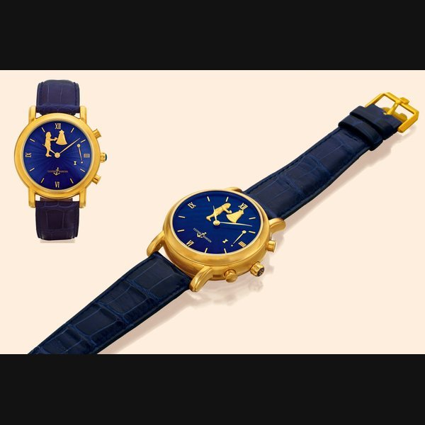 Ulysse Nardin "San Marco" Ulysse Nardin, Locle & Genève, Chronometer San Marco, "Hour Striker", No. 11, Ref. 756-22. Made circa 1996. Very fine and rare, self-winding, hour repeating water-resistant,18K yellow gold gentleman's wrist clockwatch, with automaton Jack striking hours and half hours, blue leather strap and 18K yellow gold Ulysse Nardin buckle. Accompanied by the original fitted box and certificate. | Important Collectors' Wristwatches, Pocket Watches, & Clocks | New York, 15th June 2005 · 756-22