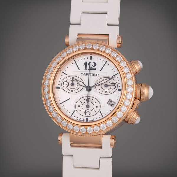 Cartier Reference 3130 Pasha | A pink gold and diamond-set chronograph wristwatch with mother of pearl dial, Circa 2010
